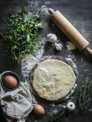 Aufkleber - Fresh ingredients and dough on a rustic kitchen table ready for baking. Generative AI