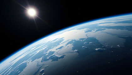 Wall Mural - wide shot of the earth from space, blue horizon, black sky, bright sun in upper left corner, cinematic, cinematic, with white tones