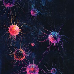 Aufkleber - Magnified view of colorful viruses showcasing intricate structures in a vibrant scientific illustration. Generative AI