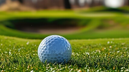 Wall Mural - Close up of golf ball resting on green grass, highlighting sport's outdoor appeal and recreational enjoyment