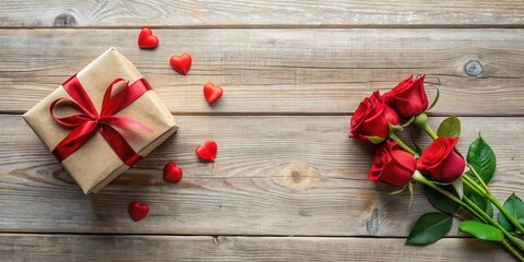 Wall Mural - Romantic gift presentation with red roses and hearts on rustic wood