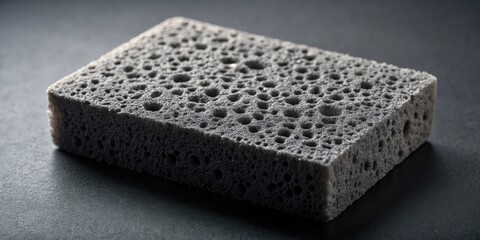 Poster - Close-up view of a dark gray porous cleaning sponge with numerous small holes, isolated on a dark background