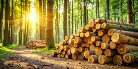Poster - Golden Hour in the Forest A Pile of Logs Bathed in Sunlight Near a Dirt Path