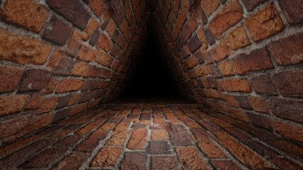 Wall Mural - moving forward inside dark triangular endless red brick tunnel. 3d render looped animation