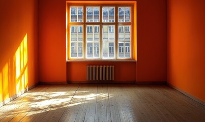 Empty orange room with wooden floor, window view of building, sunlight shadows, ideal for renovations.