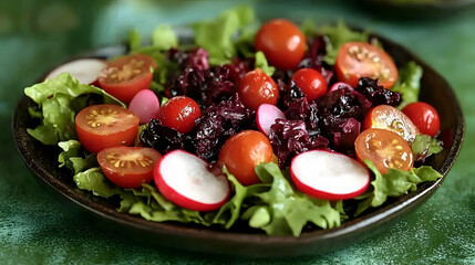 Wall Mural - Vibrant Salad with Fresh Tomatoes, Radishes, Berries and Lettuce