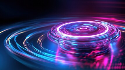 Wall Mural - glowing neon circle rotating on futuristic platform with light trails
