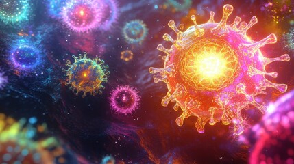 Fototapete - Magnified viruses depicted in vibrant colors showcasing the beauty and complexity of microscopic life in scientific exploration. Generative AI