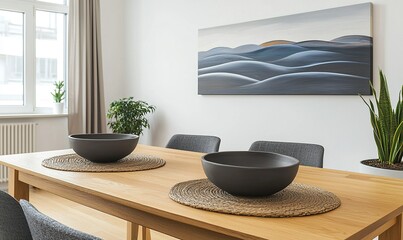 Wall Mural - Modern dining room with wooden table, bowls, and abstract art.