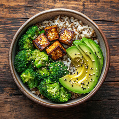 vibrant vegan Buddha bowl featuring rice, broccoli, tofu, and avocado, garnished with sesame seeds for healthy meal