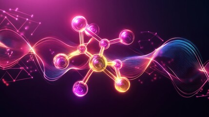 Wall Mural - glowing molecule structure floating on abstract energy waves