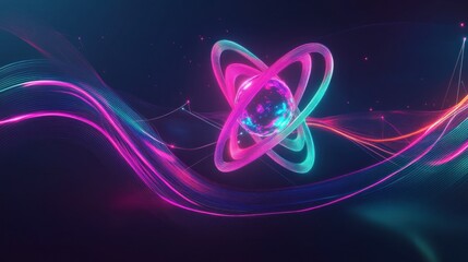 Wall Mural - abstract sphere with rings rotating over neon waves and particles background