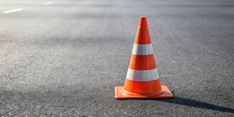 A single orange and white traffic cone stands on dark asphalt