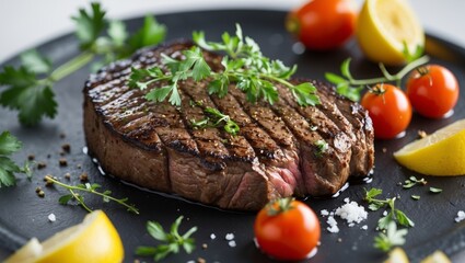 Wall Mural - Juicy Grilled Steak Garnished with Fresh Herbs and Colorful Ingredients Served on a Dark Slate Plate with Cherry Tomatoes and Spices for a Gourmet Experience