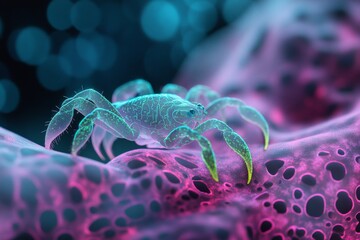 Poster - An abstract representation of a glowing scorpion under UV light, with bold, simplified lines and fluorescent green tones against a dark canvas