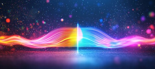 Wall Mural - two colorful neon waves merging in a futuristic shimmering background