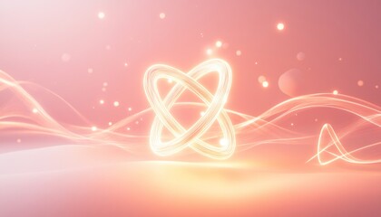 Wall Mural - abstract glowing symbol floating on pink wavy background with particles