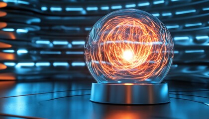 Wall Mural - plasma globe emitting orange light in futuristic environment with blue neon lights