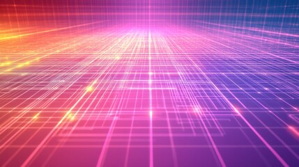 Wall Mural - futuristic glowing grid expanding into digital horizon with pink and orange lights