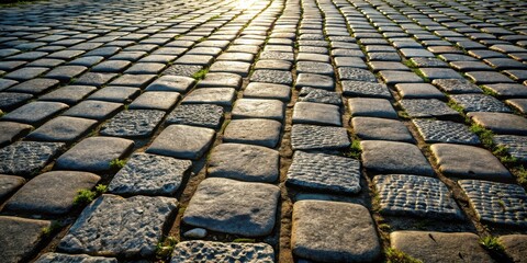 Fototapete - Sunlit Stone Pathway A Textured Perspective of Irregular Cobblestones with Emerging Grass