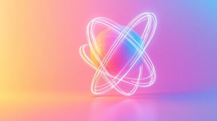 Wall Mural - neon light swirling around colorful sphere creating a futuristic atom model on gradient background
