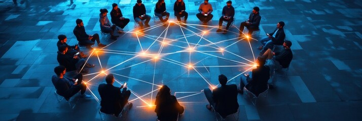 Fototapete - Group of people connecting through glowing phones and illuminated lines in a digital circle at night. Generative AI