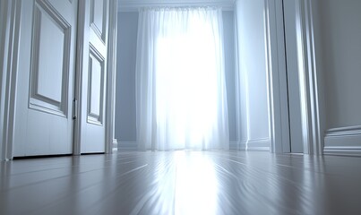 Wall Mural - Bright light through sheer curtains in hallway with white doors and wood floor.