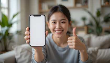 female displaying smartphone with empty screen with thumb up hand, for advertisement mockup