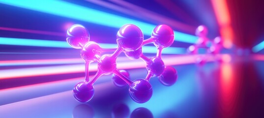 Wall Mural - glowing molecules structure floating over neon stripes background