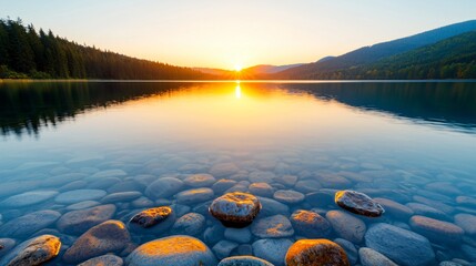 Poster - Sunrise over calm lake with clear water, rocks, and mountain reflection.