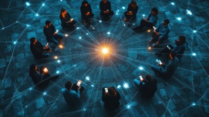 Fototapete - Group of people sitting in a circle with glowing phones connected by illuminated digital lines during night gathering. Generative AI