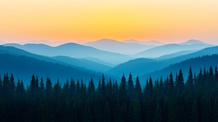 Sticker - Serene sunset over layered blue mountains and dark forest.