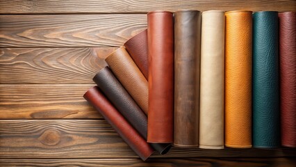 Aufkleber - Varied Leather Rolls on Wooden Surface A Textured Display of Diverse Colors and Finishes