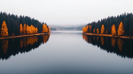 Poster - Serene autumn lake reflecting golden trees and misty mountains.