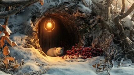Poster - Winter wonderland featuring a small creature near a cozy burrow illuminated by a lantern among snow and berries. Generative AI