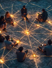 Fototapete - People connected through glowing phones in a circle with illuminated lines at night. Generative AI