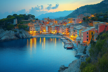 Wall Mural - Village pittoresque en bord de mer avec reflets lumineux au crépuscule