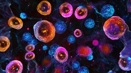 Fototapete - Magnified view of colorful viruses showcasing their intricate structures in a vibrant scientific context. Generative AI