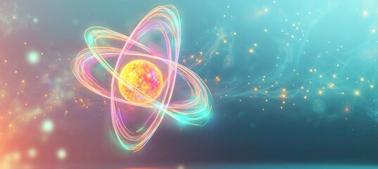 Wall Mural - atom orbiting nucleus with electrons rotating and glowing particles in quantum physics illustration