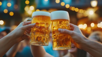 Close-up of people in traditional Bavarian tracht raising beer mugs and toasting at Oktoberfest or dult in beer garden, with festive lights in the background 