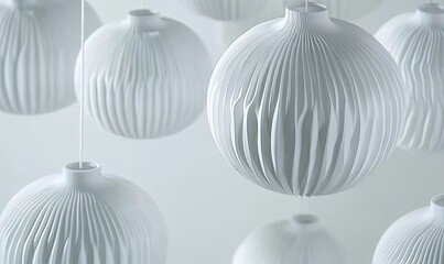 Wall Mural - White textured hanging spherical lamps on a light background, ideal for interior design.