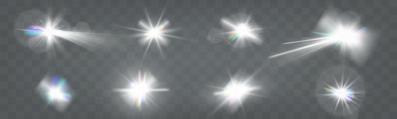 Wall Mural - set of glowing light effects with starbursts and radiating beams on a transparent background, ideal 