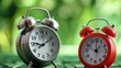 © Kumblack - Vintage alarm clocks in focus, surrounded by soft green background, symbolizing time management and daily routines