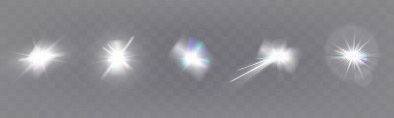 Wall Mural - set of glowing light effects with starbursts and radiating beams on a transparent background, ideal 