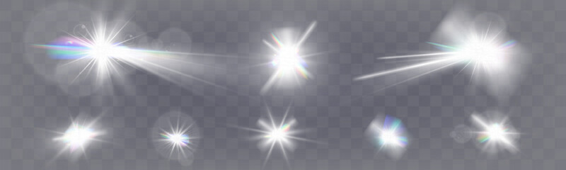 Wall Mural - set of glowing light effects with starbursts and radiating beams on a transparent background, ideal 