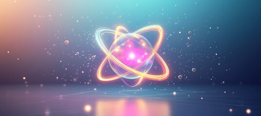 Wall Mural - glowing atom with orbiting electrons floating on science background