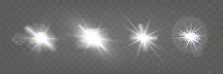 Wall Mural - set of glowing light effects with starbursts and radiating beams on a transparent background, ideal 