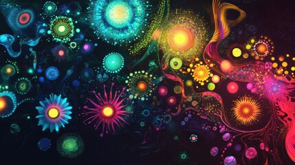 Fototapete - Magnified colorful viruses showcasing intricate details in a vibrant scientific representation. Generative AI