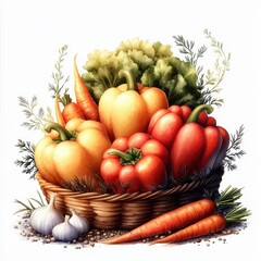 Wall Mural - Fresh Organic Vegetables in a Basket with Colorful Peppers, Carrots, and Garlic