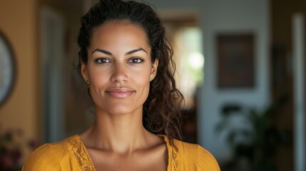 Wall Mural - a woman with an attractive face, looking directly at the camera with a confident expression in a wel